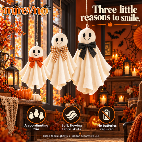 mirevno™ Floating Friends Hanging Ghost Decorations, Set of 3 — Cute Fabric Halloween Ghosts with Bows for Windows & Indoor Party Decor