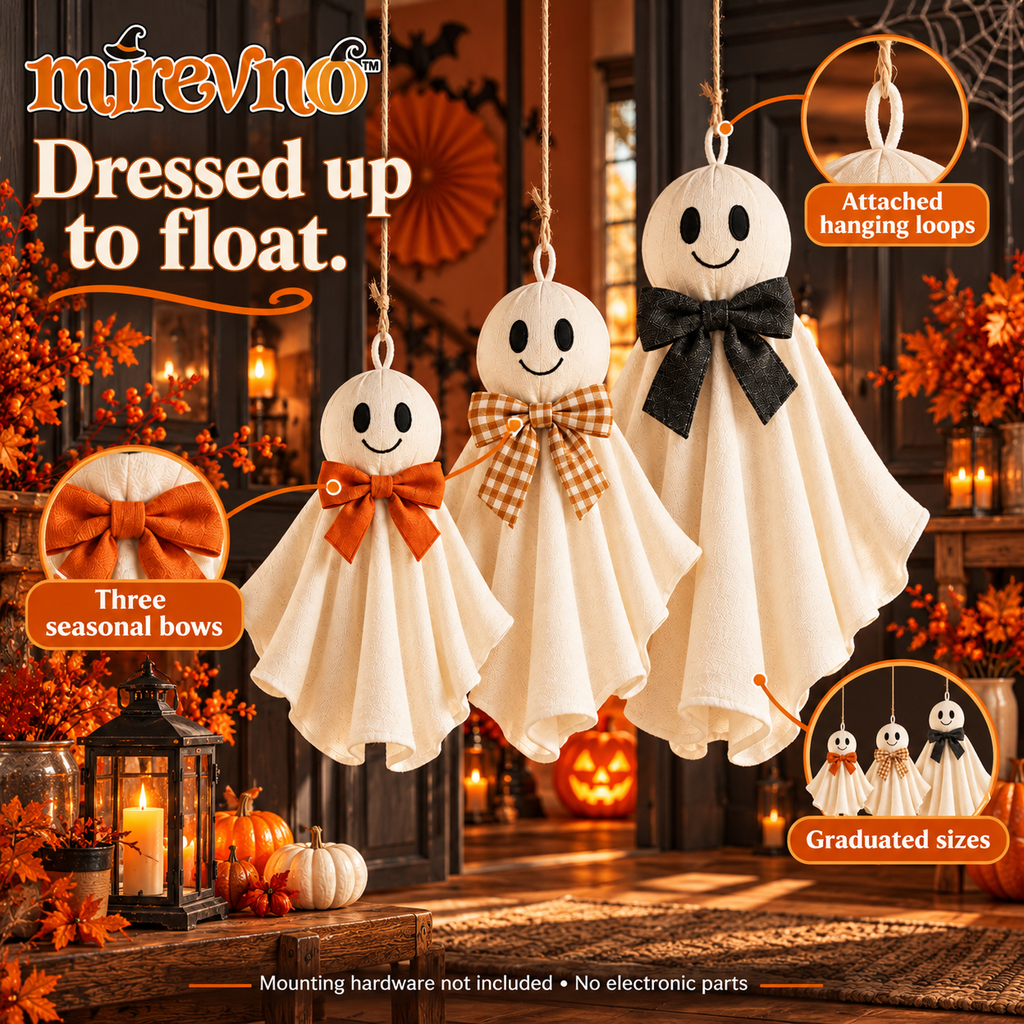 mirevno™ Floating Friends Hanging Ghost Decorations, Set of 3 — Cute Fabric Halloween Ghosts with Bows for Windows & Indoor Party Decor