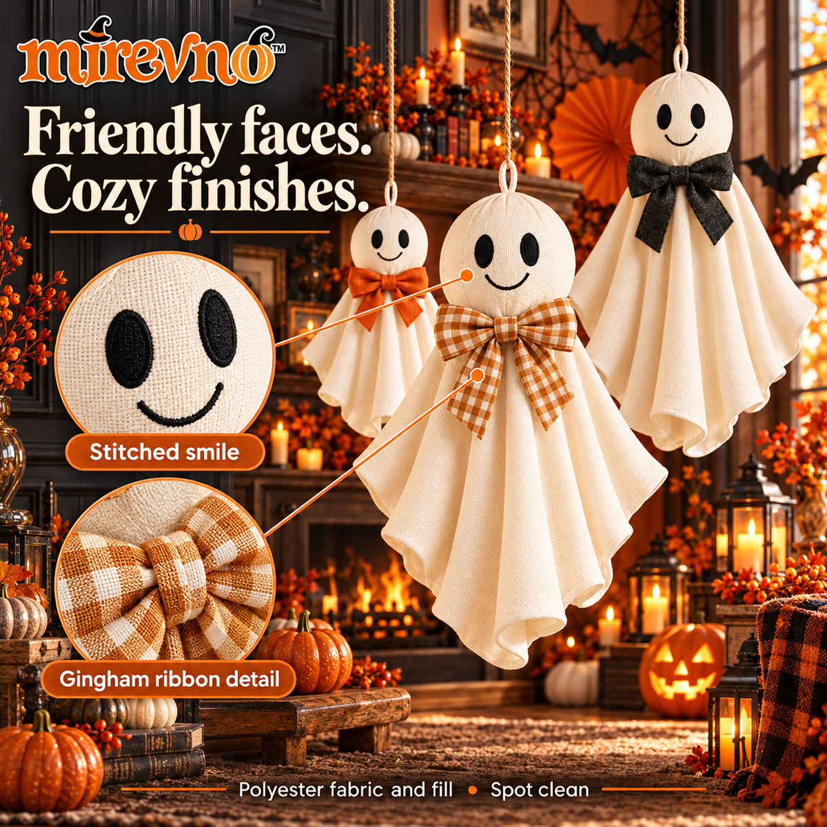 mirevno™ Floating Friends Hanging Ghost Decorations, Set of 3 — Cute Fabric Halloween Ghosts with Bows for Windows & Indoor Party Decor