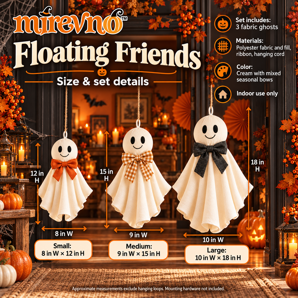 mirevno™ Floating Friends Hanging Ghost Decorations, Set of 3 — Cute Fabric Halloween Ghosts with Bows for Windows & Indoor Party Decor