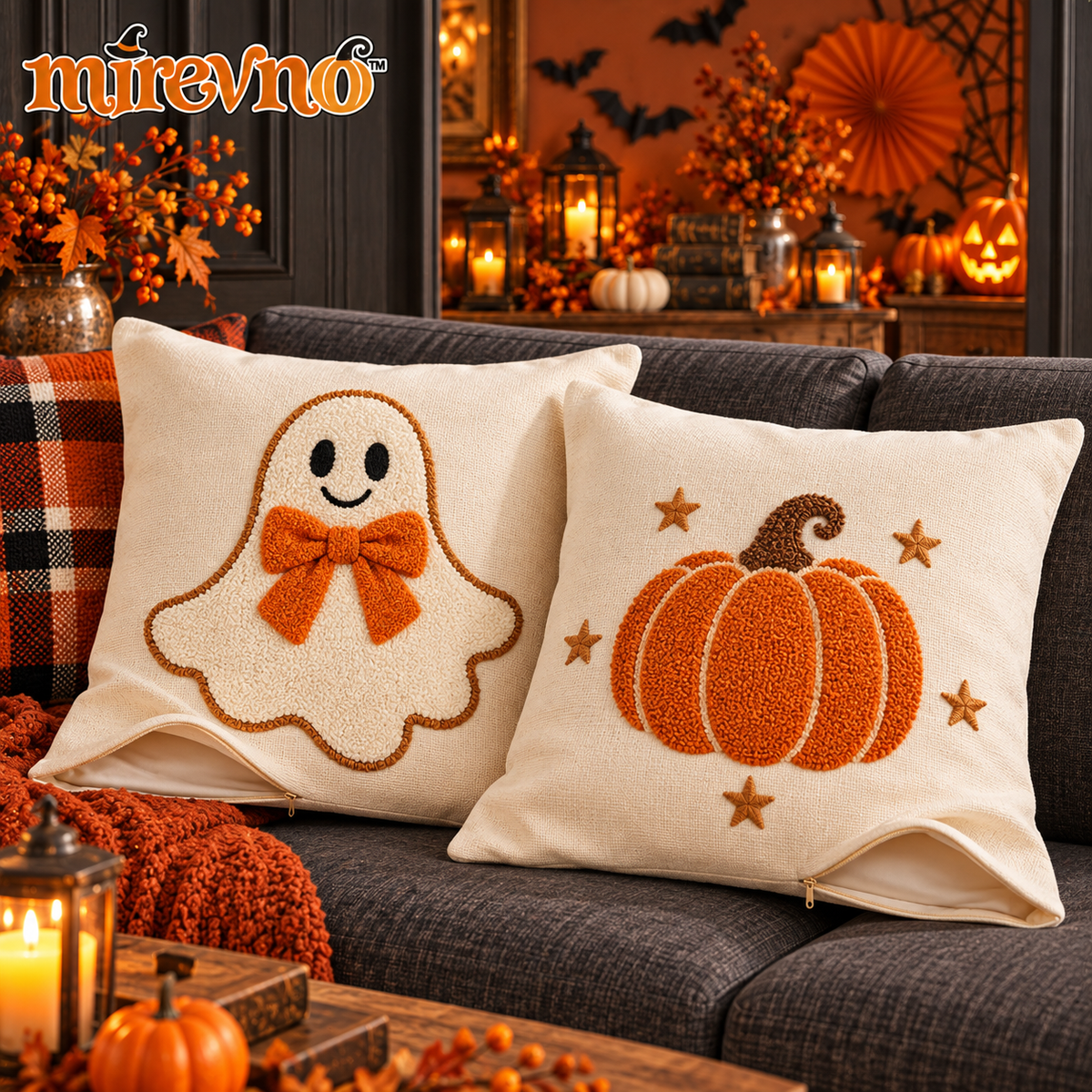 mirevno™ Cozy Boo Embroidered Pillow Covers, Set of 2 — 18 in × 18 in Cute Halloween Ghost & Pumpkin Decorative Cushion Covers