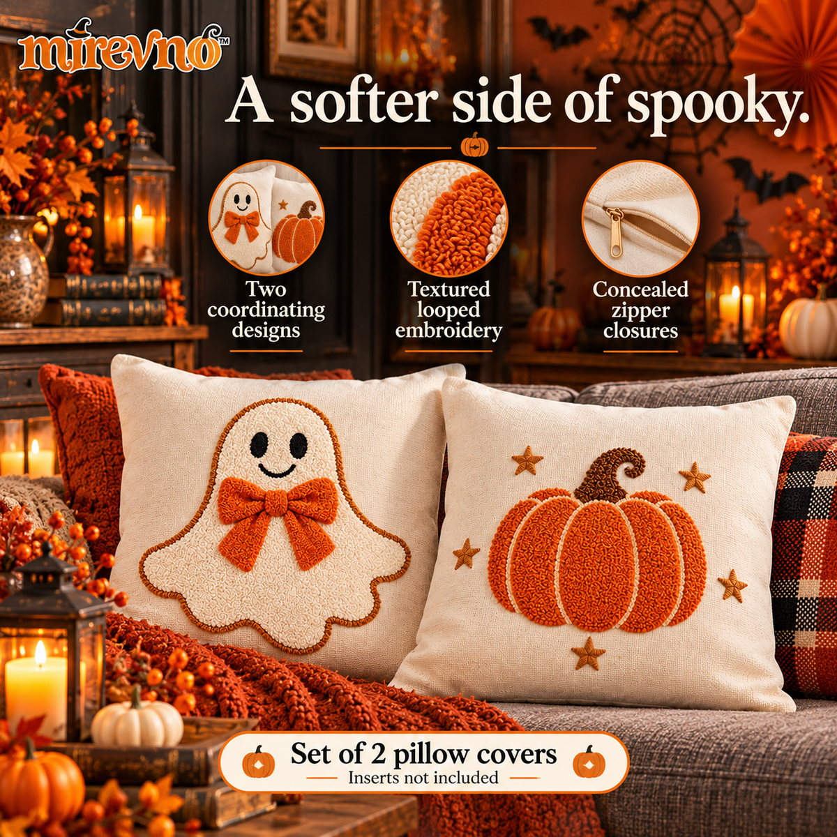 mirevno™ Cozy Boo Embroidered Pillow Covers, Set of 2 — 18 in × 18 in Cute Halloween Ghost & Pumpkin Decorative Cushion Covers