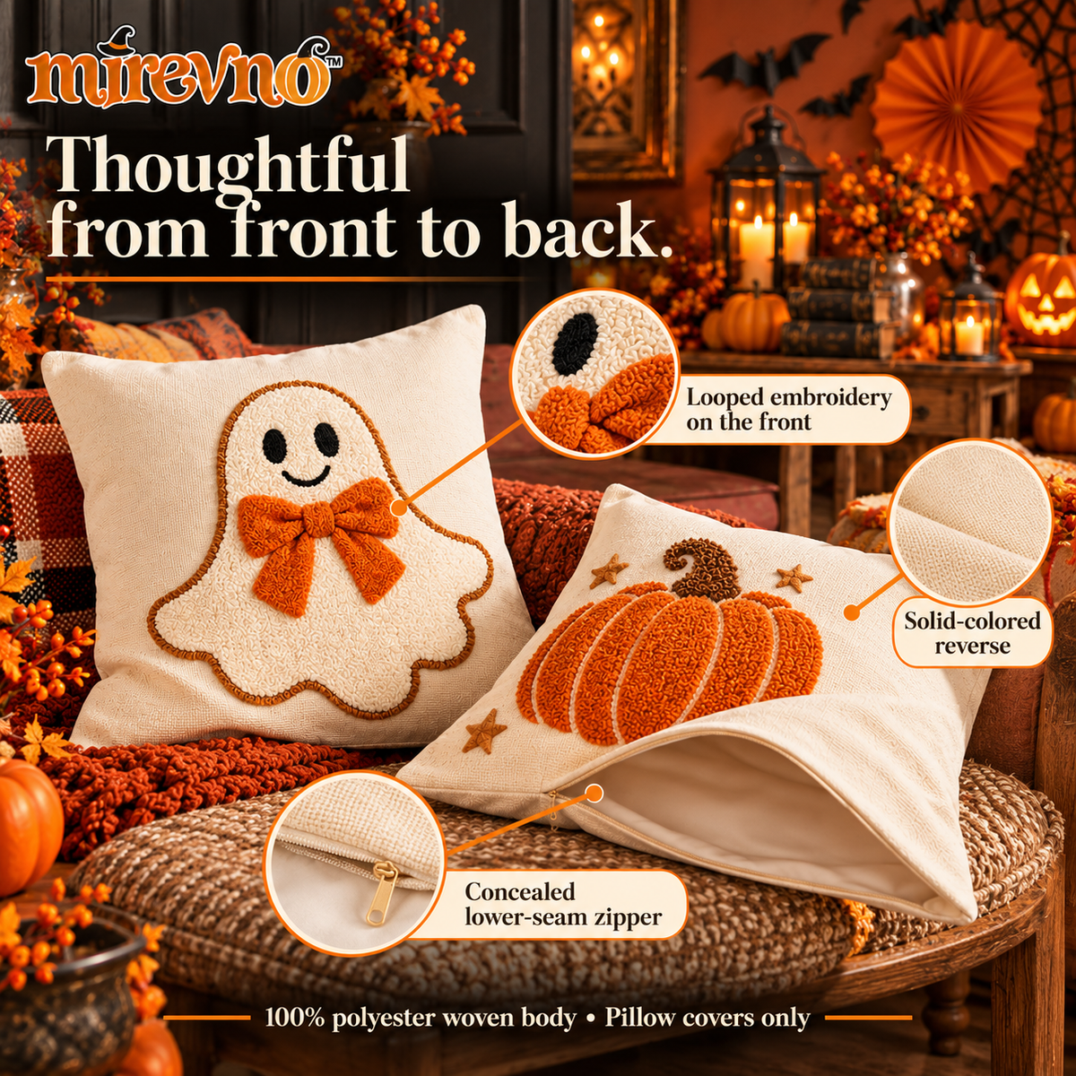 mirevno™ Cozy Boo Embroidered Pillow Covers, Set of 2 — 18 in × 18 in Cute Halloween Ghost & Pumpkin Decorative Cushion Covers