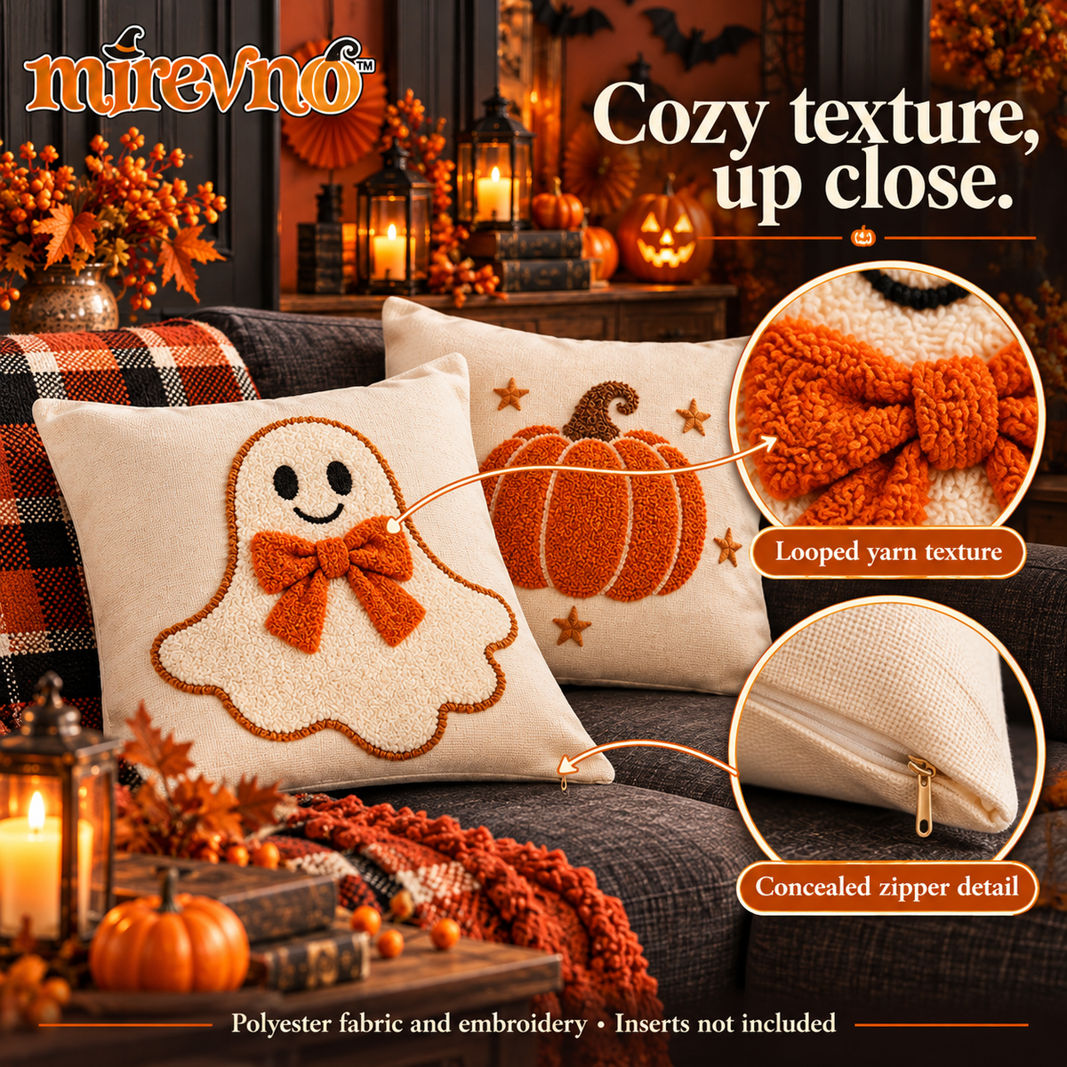mirevno™ Cozy Boo Embroidered Pillow Covers, Set of 2 — 18 in × 18 in Cute Halloween Ghost & Pumpkin Decorative Cushion Covers