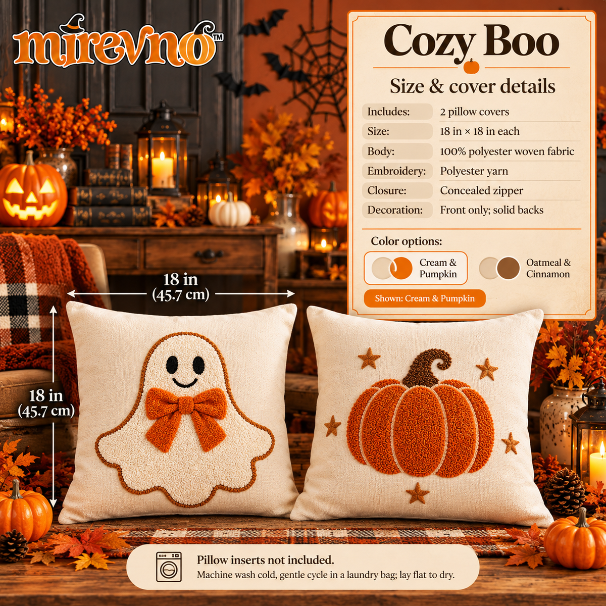 mirevno™ Cozy Boo Embroidered Pillow Covers, Set of 2 — 18 in × 18 in Cute Halloween Ghost & Pumpkin Decorative Cushion Covers