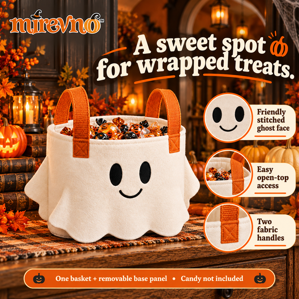 mirevno™ Pumpkin Parade Halloween Table Runner — Cute Ghost, Black Cat & Pumpkin Dining Table Decor, 13 in × 72 in or 13 in × 90 in