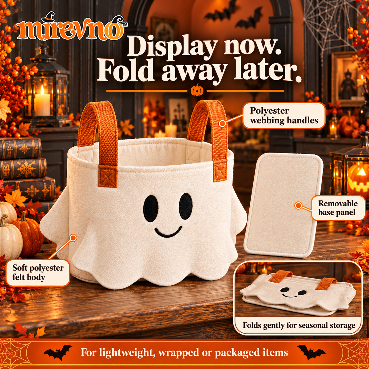 mirevno™ Pumpkin Parade Halloween Table Runner — Cute Ghost, Black Cat & Pumpkin Dining Table Decor, 13 in × 72 in or 13 in × 90 in