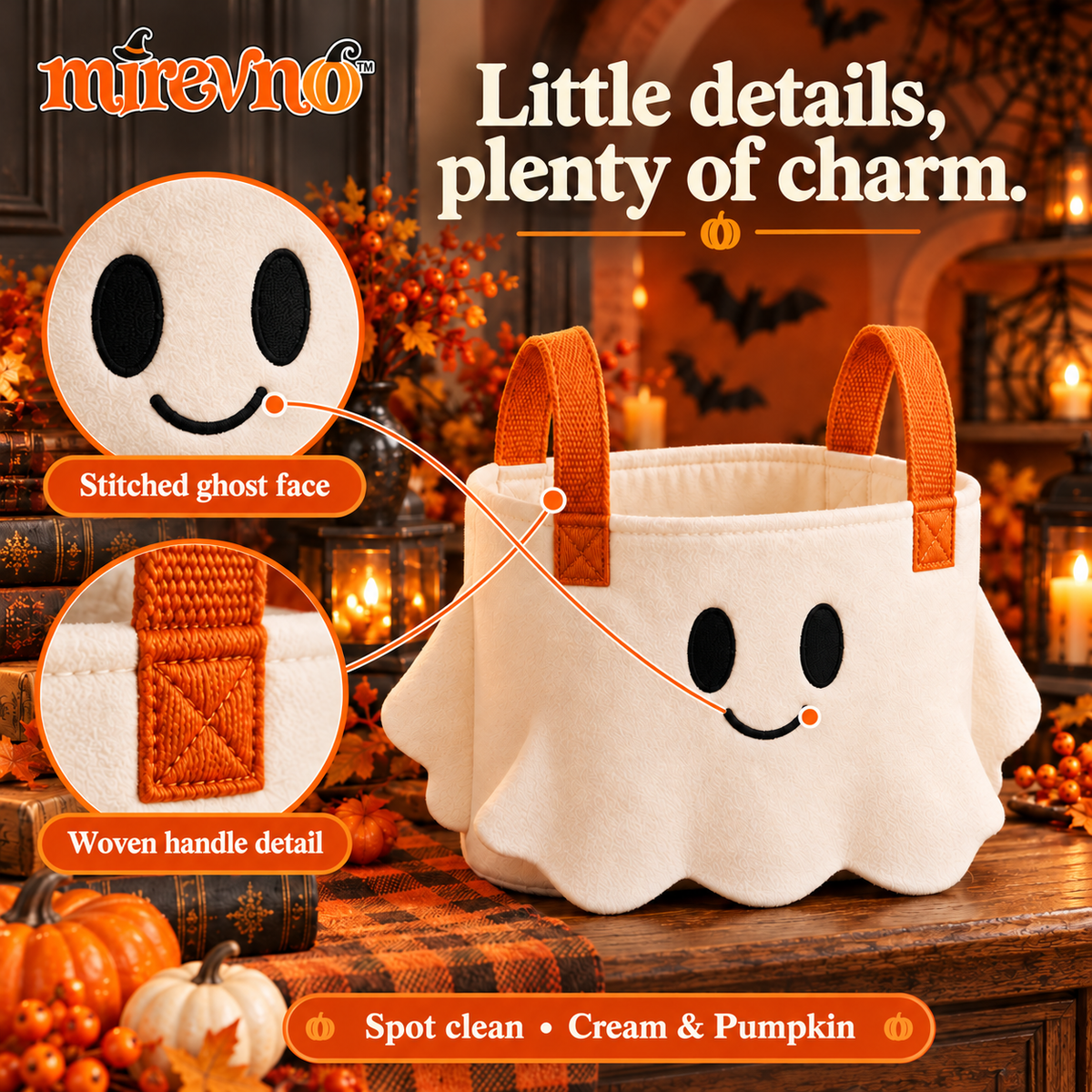 mirevno™ Pumpkin Parade Halloween Table Runner — Cute Ghost, Black Cat & Pumpkin Dining Table Decor, 13 in × 72 in or 13 in × 90 in
